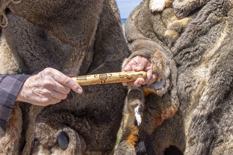 Wadawurrung Ngarrweet Uncle Mel and Wadwurrung Elder Aunty Mary exchange Pilk Purriyn message stick..jpg